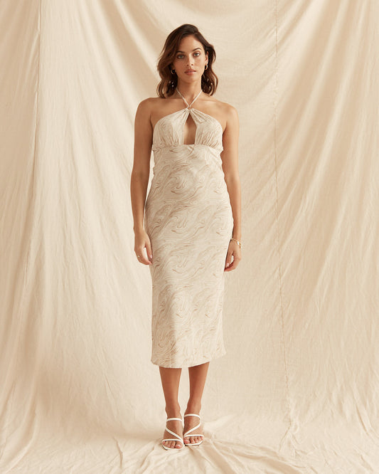 Image of Dresses. Productname: HEYCHIC Giada Cutout Halter Keyhole Midi Dress in Beige colour by brand - HEYCHIC