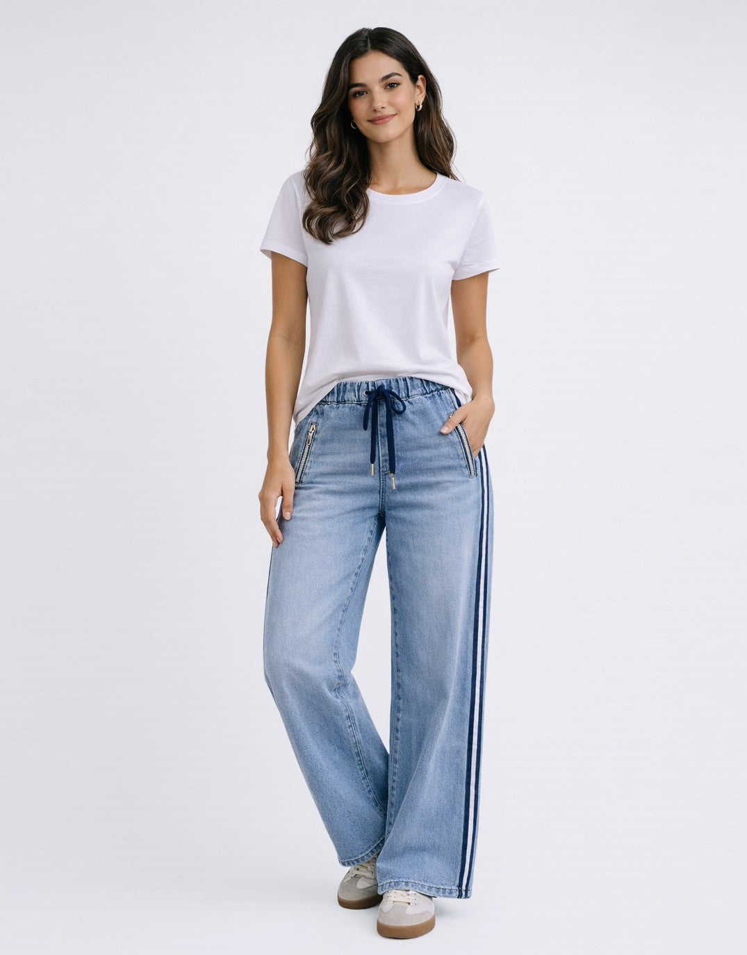 Image of Jeans. Product name - Glam Track Navy Stripe Jean in Navy Stripe colour by brand - Italian Star