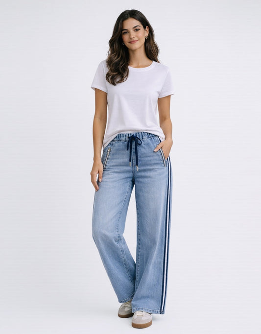Image of Jeans. Product name - Glam Track Navy Stripe Jean in Navy Stripe colour by brand - Italian Star