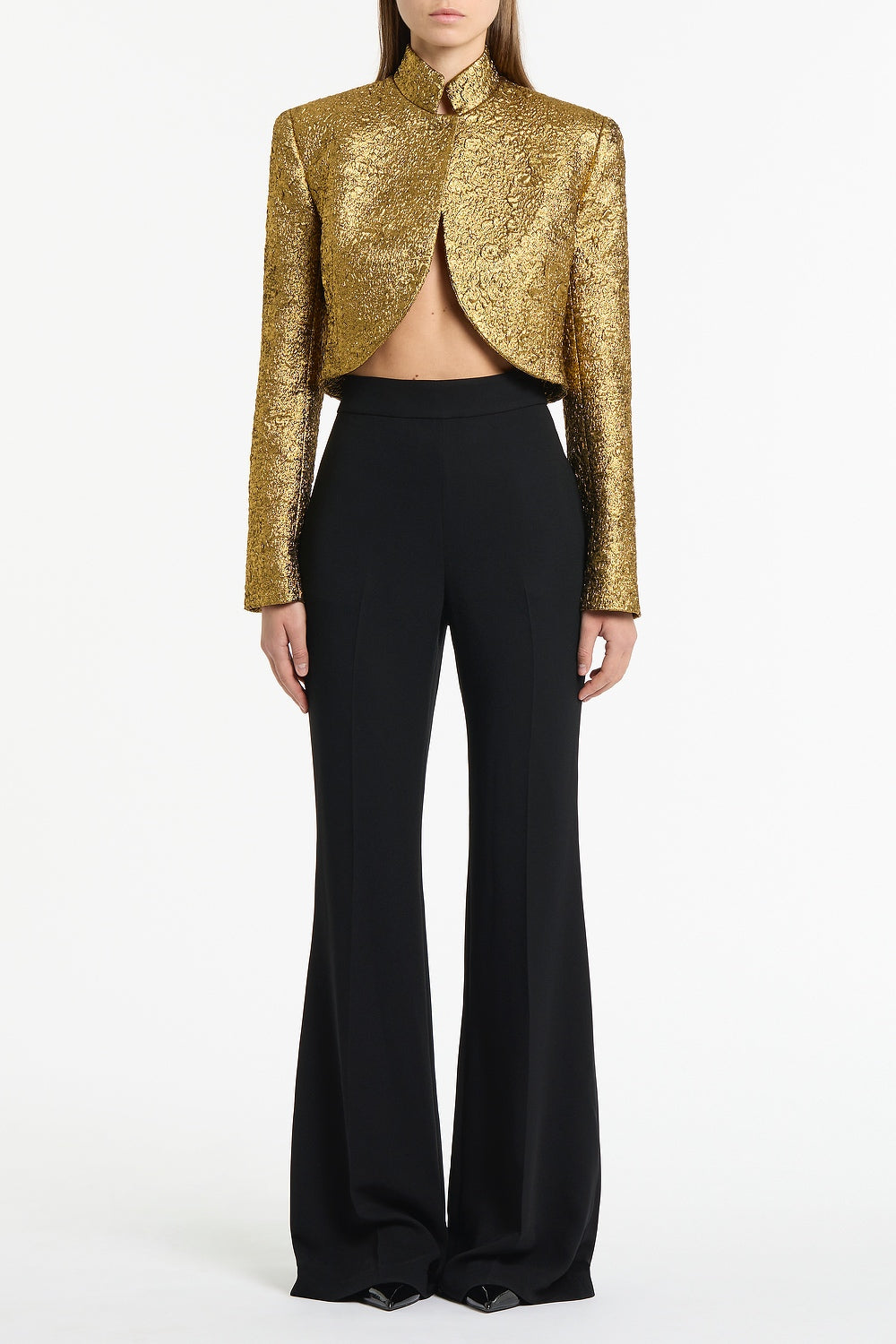 Image of Coats & Jackets. Product name - Gold Metallic Brocade Crop Jacket in Gold colour by brand - Carla Zampatti