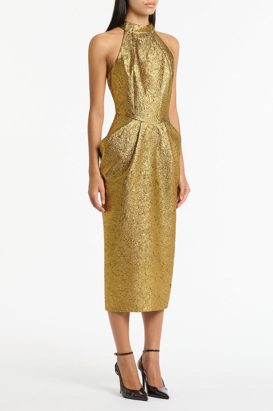 Carla Zampatti Metallic Brocade Halter Neck Dress (Gold)
