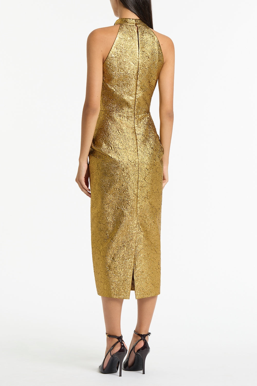 Carla Zampatti Metallic Brocade Halter Neck Dress (Gold)