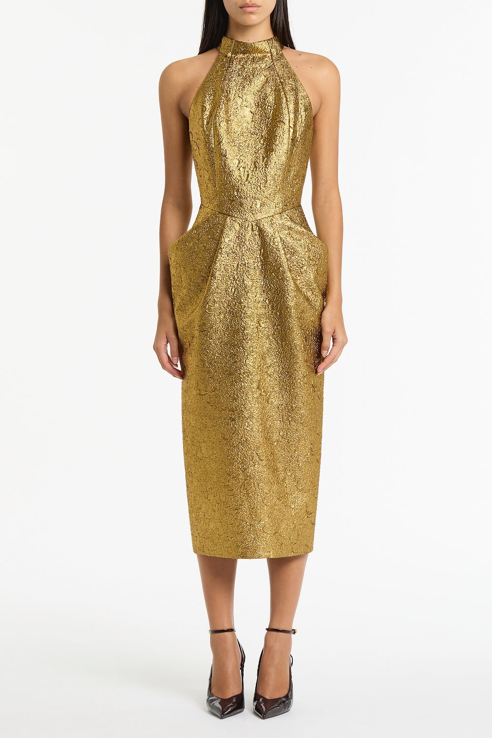 Image of Dresses. Product name - Gold Metallic Brocade Halter Neck Dress in Gold colour by brand - Carla Zampatti