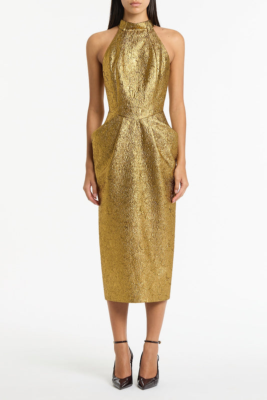Image of Dresses. Product name - Gold Metallic Brocade Halter Neck Dress in Gold colour by brand - Carla Zampatti