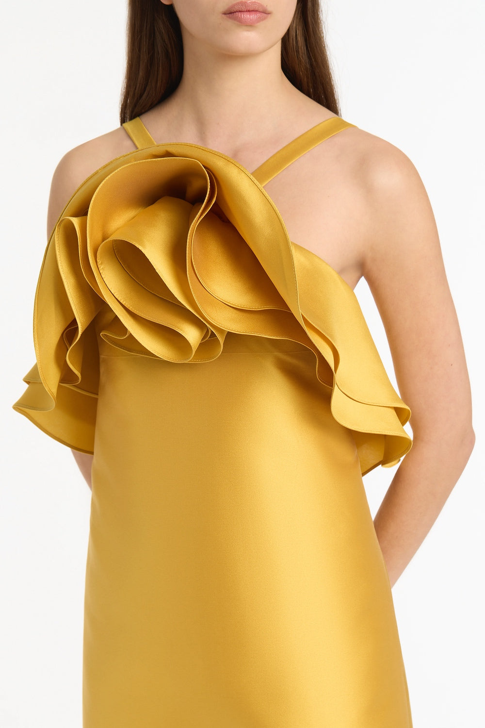 Carla Zampatti Golden Matte Sateen Sculptural Flower Mini Dress (Gold)