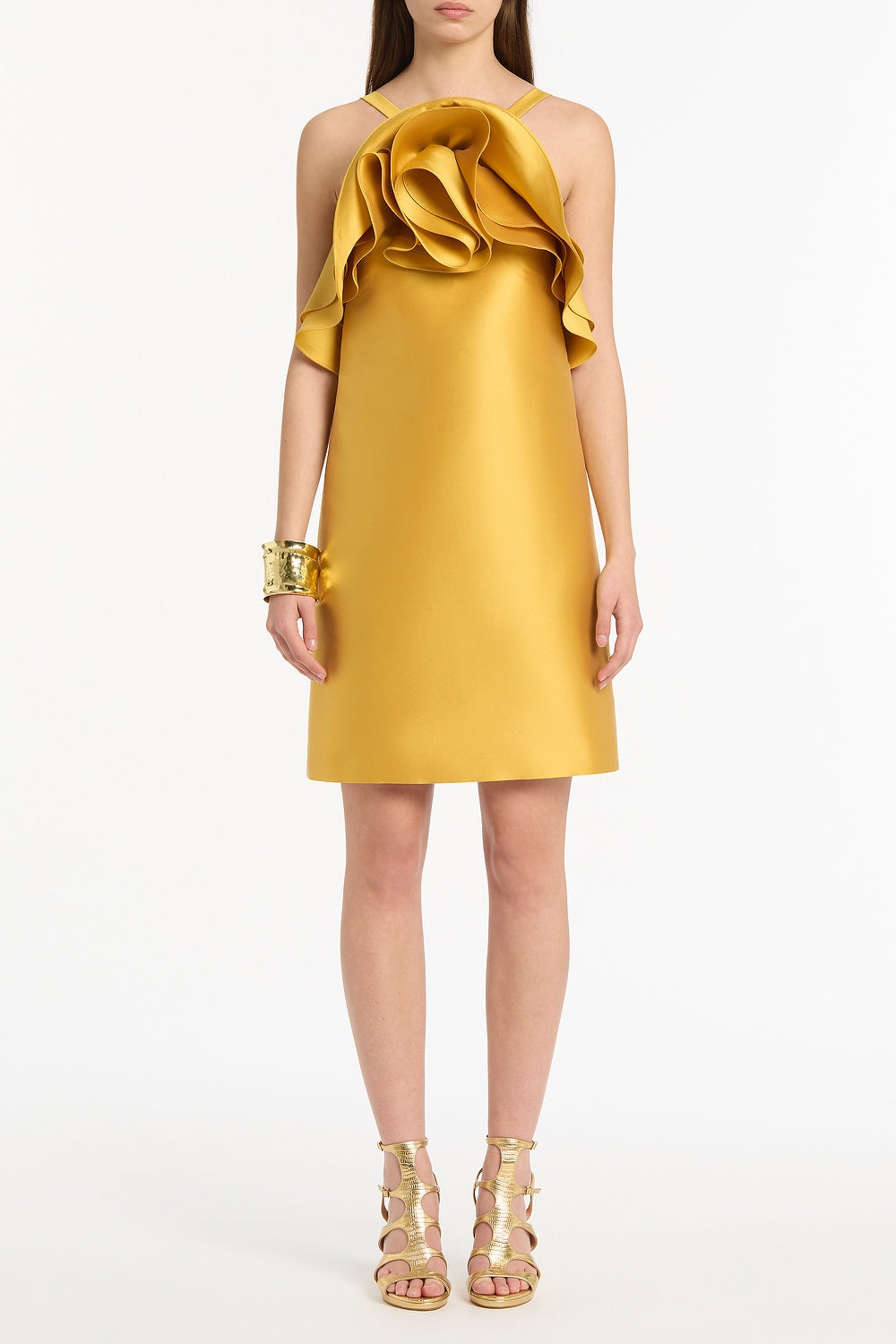 Image of Dresses. Product name - Golden Matte Sateen Sculptural Flower Mini Dress in Gold colour by brand - Carla Zampatti