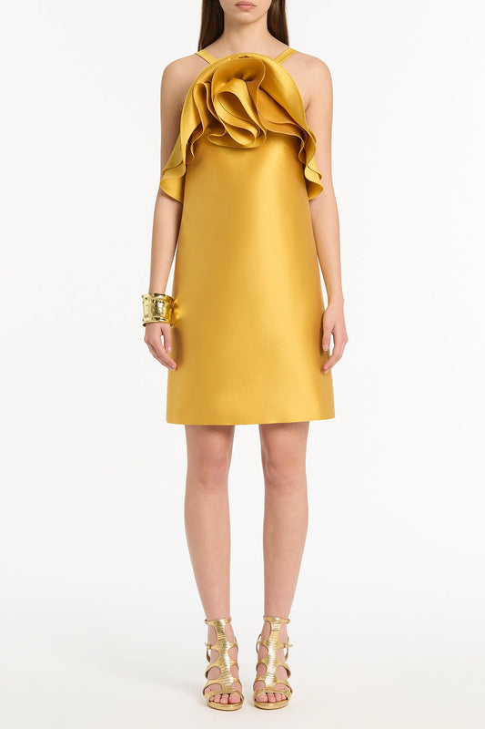 Image of Dresses. Product name - Golden Matte Sateen Sculptural Flower Mini Dress in Gold colour by brand - Carla Zampatti