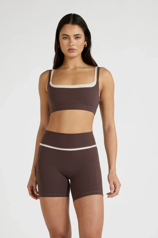 Image of Activewear. Product name - ALLFENIX CloudCore Double Layer Contrast Sports Bra in Espresso colour by brand - All Fenix