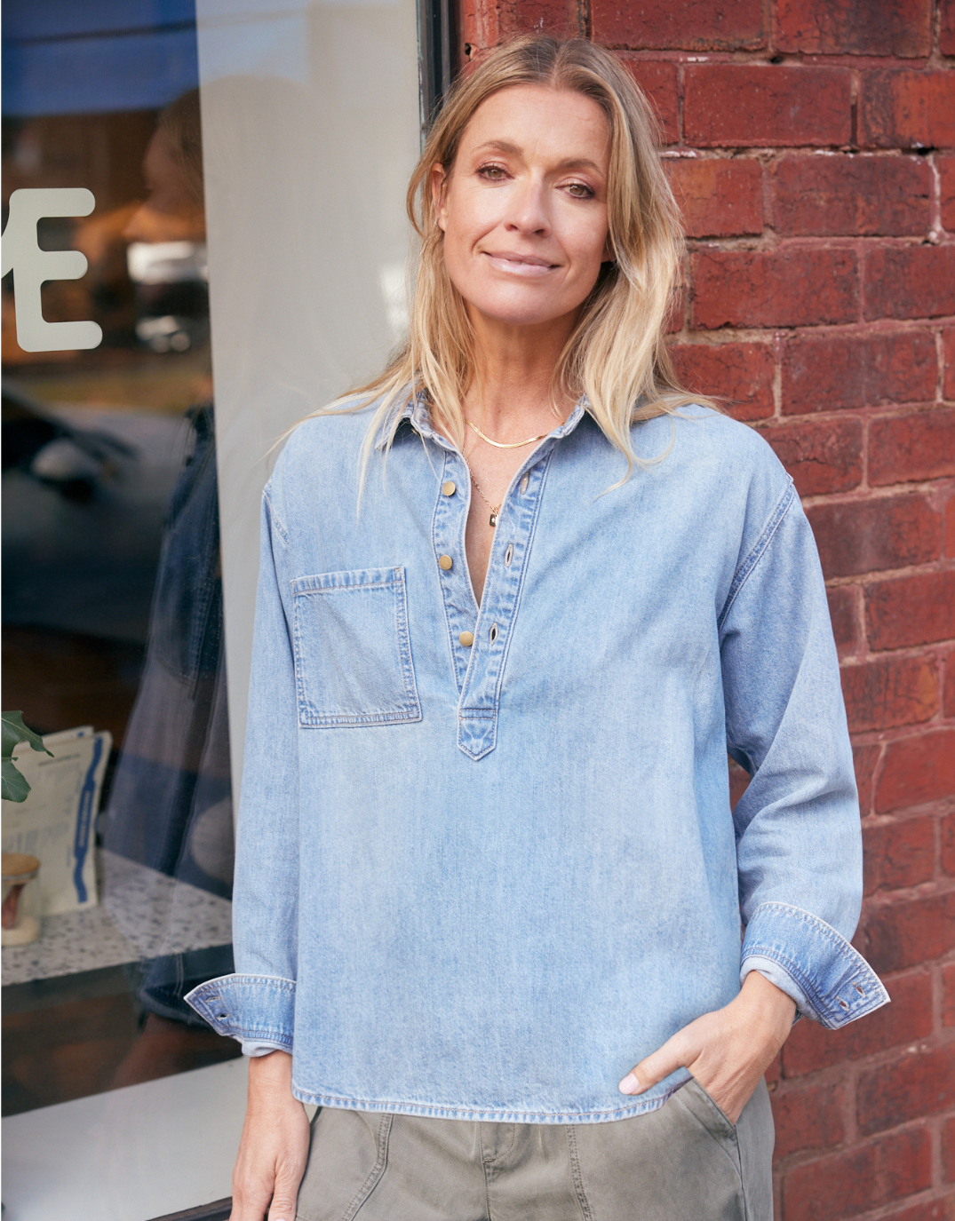 Image of Shirts. Product name - Henley Claudia Shirt Mid Wash in Mid Wash colour by brand - White & Co.