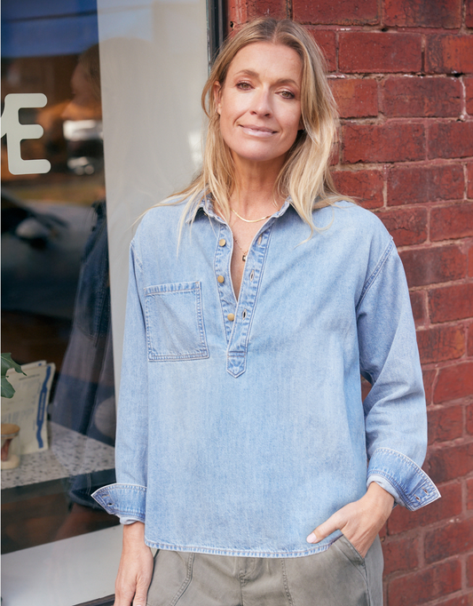 Image of Shirts. Product name - Henley Claudia Shirt Mid Wash in Mid Wash colour by brand - White & Co.