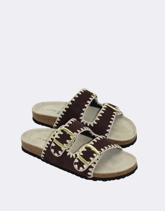 Image of Shoes. Product name - Cleo Slides Chocolate in Chocolate colour by brand - Human Shoes
