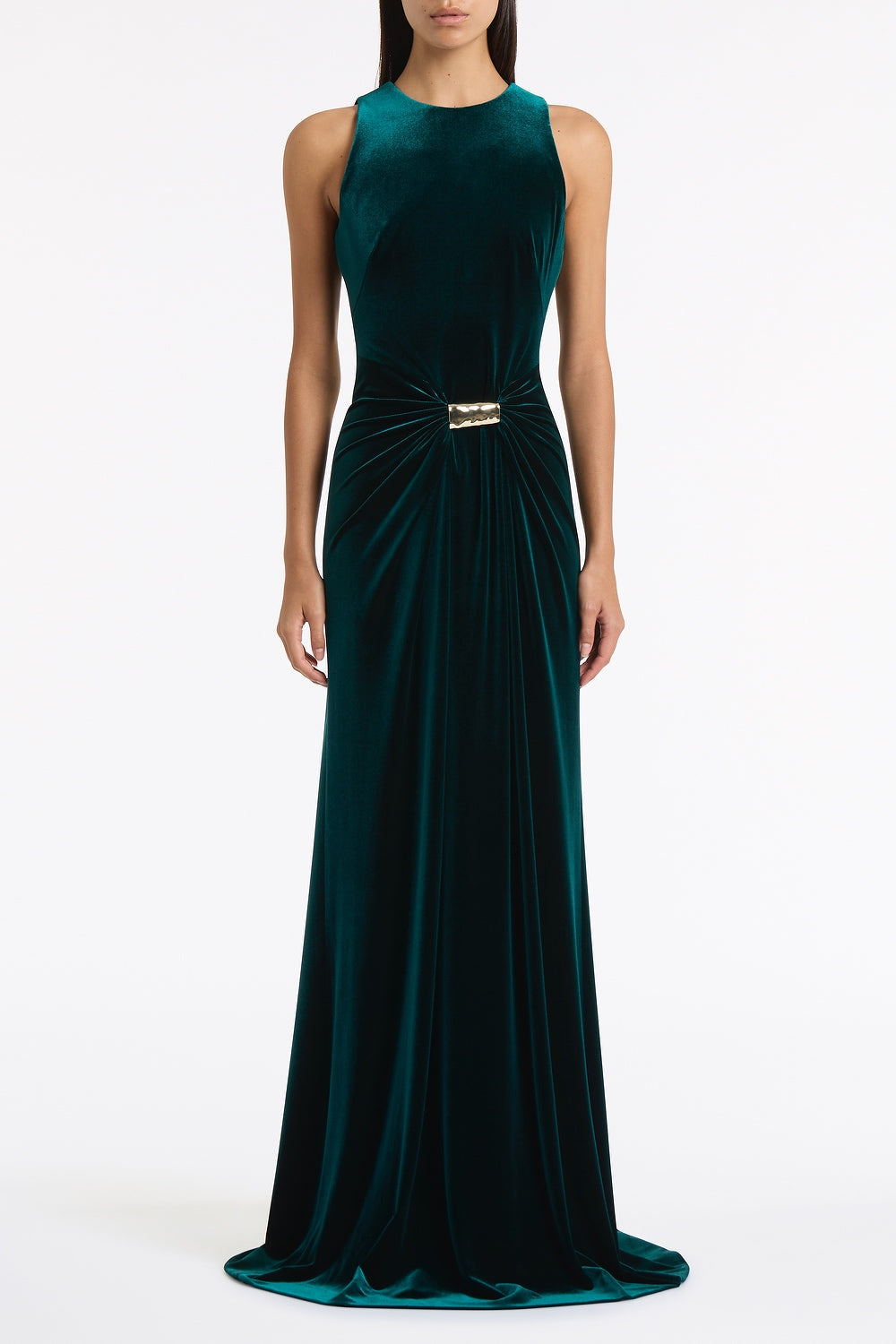 Image of Dresses. Product name - Hunter Green Velvet Gold Detail Maxi Dress in Green colour by brand - Carla Zampatti
