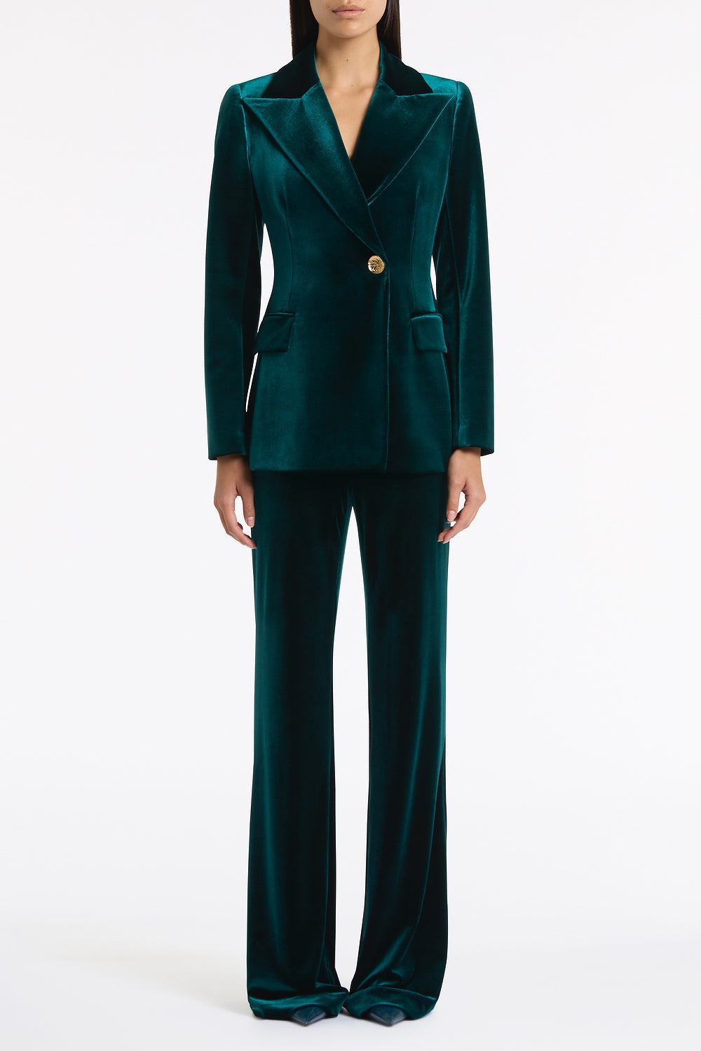 Image of Coats & Jackets. Product name - Hunter Green Velvet Longline Jacket in Green colour by brand - Carla Zampatti