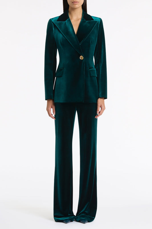 Image of Coats & Jackets. Product name - Hunter Green Velvet Longline Jacket in Green colour by brand - Carla Zampatti