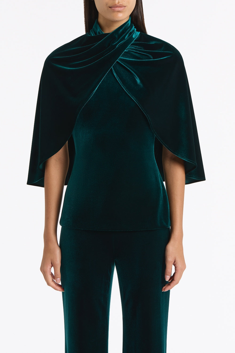Carla Zampatti Hunter Velvet Wrap Neck Top (Green)