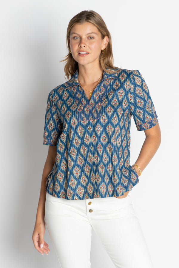 Image of a model wearing Tops. Productname: IBSA Atlanta Top Indigo in Indigo colour by brand - I.B.S.A