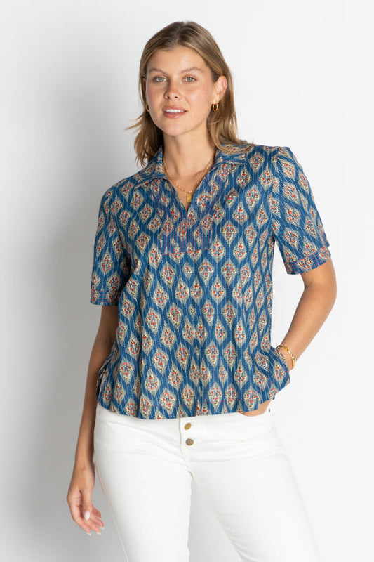 Image of a model wearing Tops. Productname: IBSA Atlanta Top Indigo in Indigo colour by brand - I.B.S.A