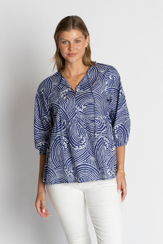 Image of a model wearing Tops. Productname: IBSA Casper Top Ocean in Ocean colour by brand - I.B.S.A