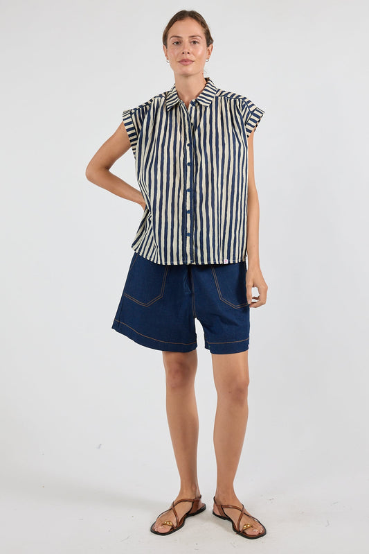 Image of a model wearing Tops. Product name - PRE SALE | IBSA Dixie Top Navy in Navy colour by brand - I.B.S.A