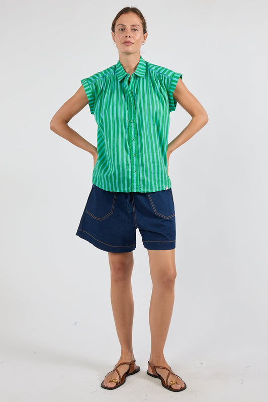 Image of a model wearing Tops. Product name - PRE SALE | IBSA Dixie Top Sea in Sea colour by brand - I.B.S.A