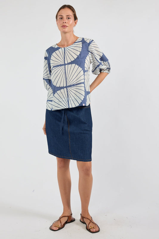 Image of a model wearing Tops. Product name - PRE SALE | IBSA Kayce Top Navy in Navy colour by brand - I.B.S.A