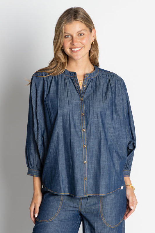 Image of a model wearing Tops. Productname: IBSA Memphis Button Top Dark in Dark colour by brand - I.B.S.A