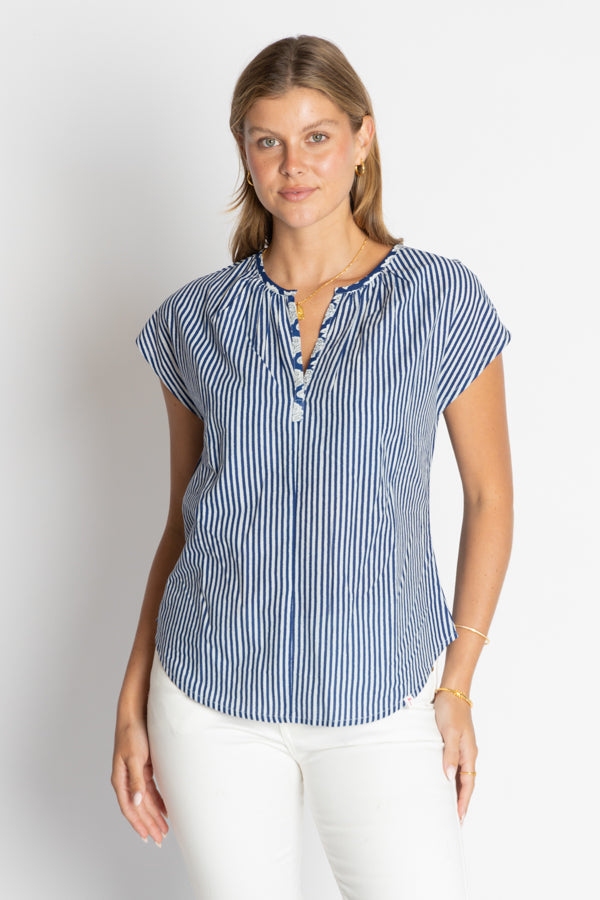 Image of a model wearing Tops. Product name - IBSA Mississippi Top Navy in Navy colour by brand - I.B.S.A