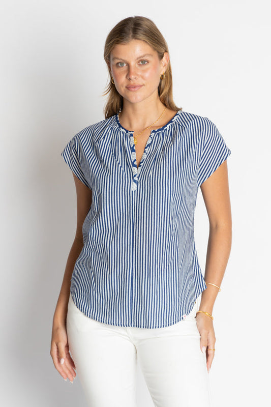Image of a model wearing Tops. Product name - IBSA Mississippi Top Navy in Navy colour by brand - I.B.S.A