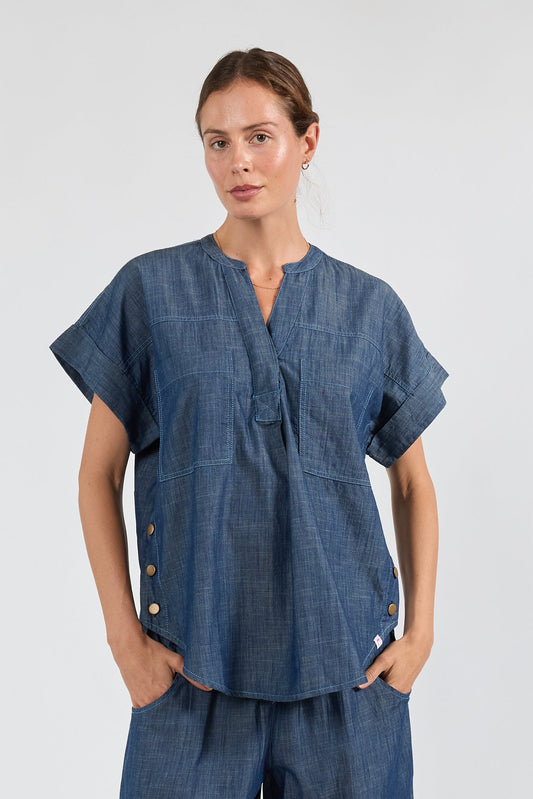 Image of a model wearing Tops. Product name - PRE SALE | IBSA Montana Top Dark in Tan colour by brand - I.B.S.A