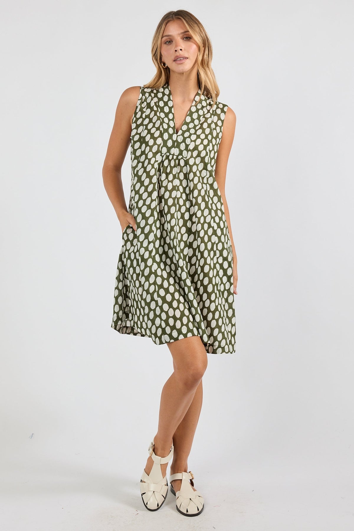 Image of Dresses. Product name - IBSA Spot On S/Less Dress Olive in Olive colour by brand - I.B.S.A