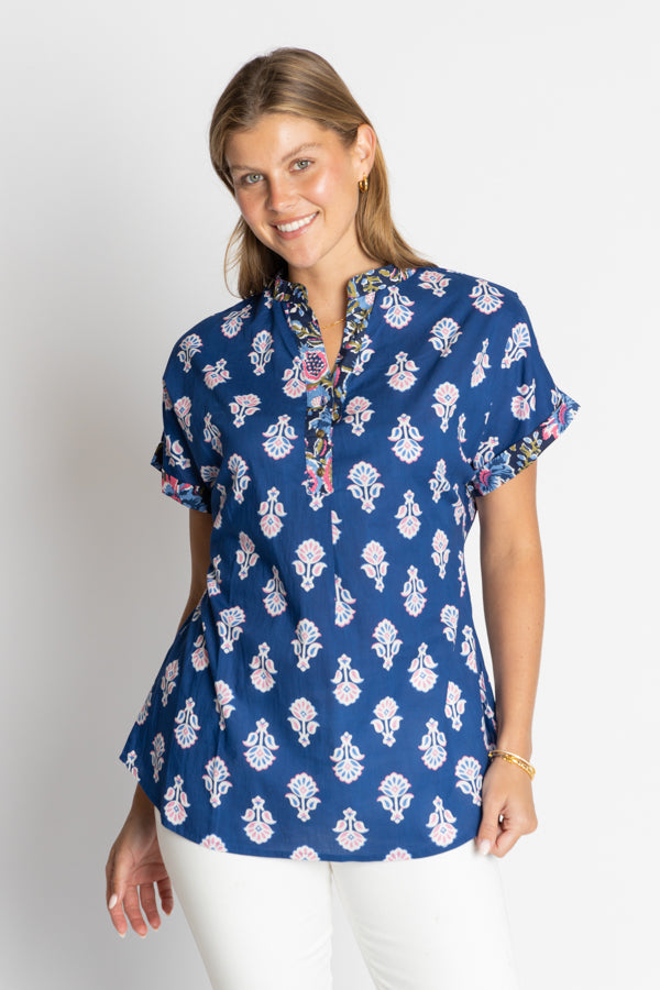Image of a model wearing Tops. Product name - IBSA Texas Top Navy in Navy colour by brand - I.B.S.A