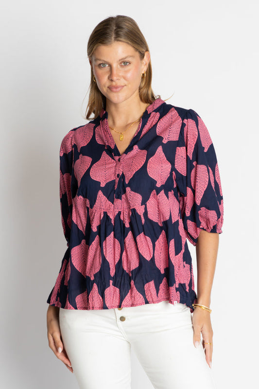 Image of a model wearing Tops. Product name - IBSA Virginia Top Navy in Navy colour by brand - I.B.S.A