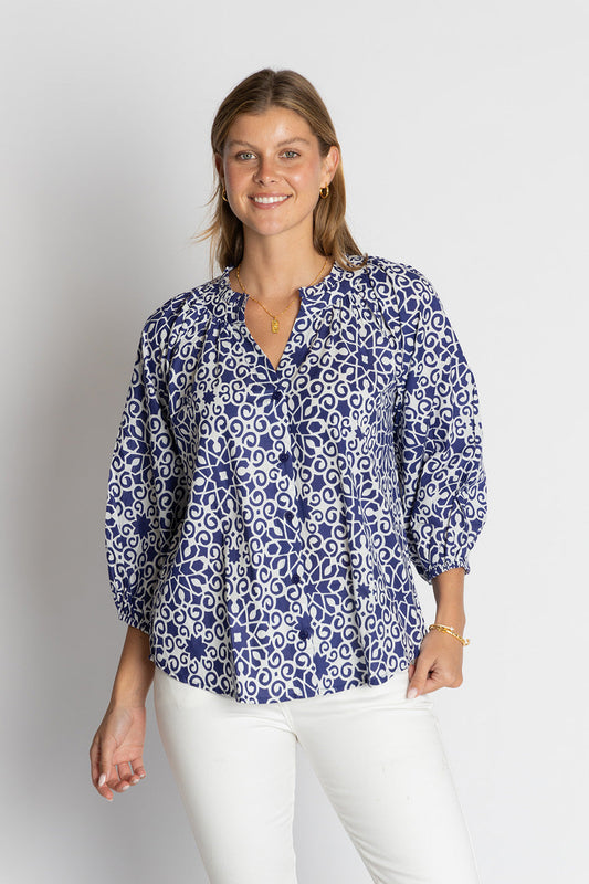 Image of a model wearing Tops. Productname: IBSA Milwaukee Top Navy in Navy colour by brand - I.B.S.A