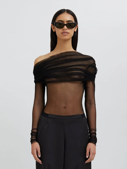 Image of a model wearing Tops. Productname: Christopher Esber Veiled Top in Black colour by brand - Christopher Esber