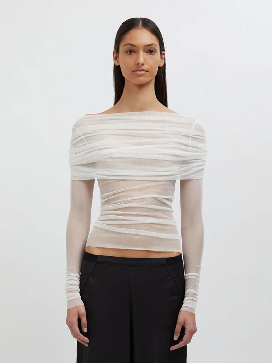 Image of a model wearing Tops. Productname: Christopher Esber Veiled Top in White colour by brand - Christopher Esber