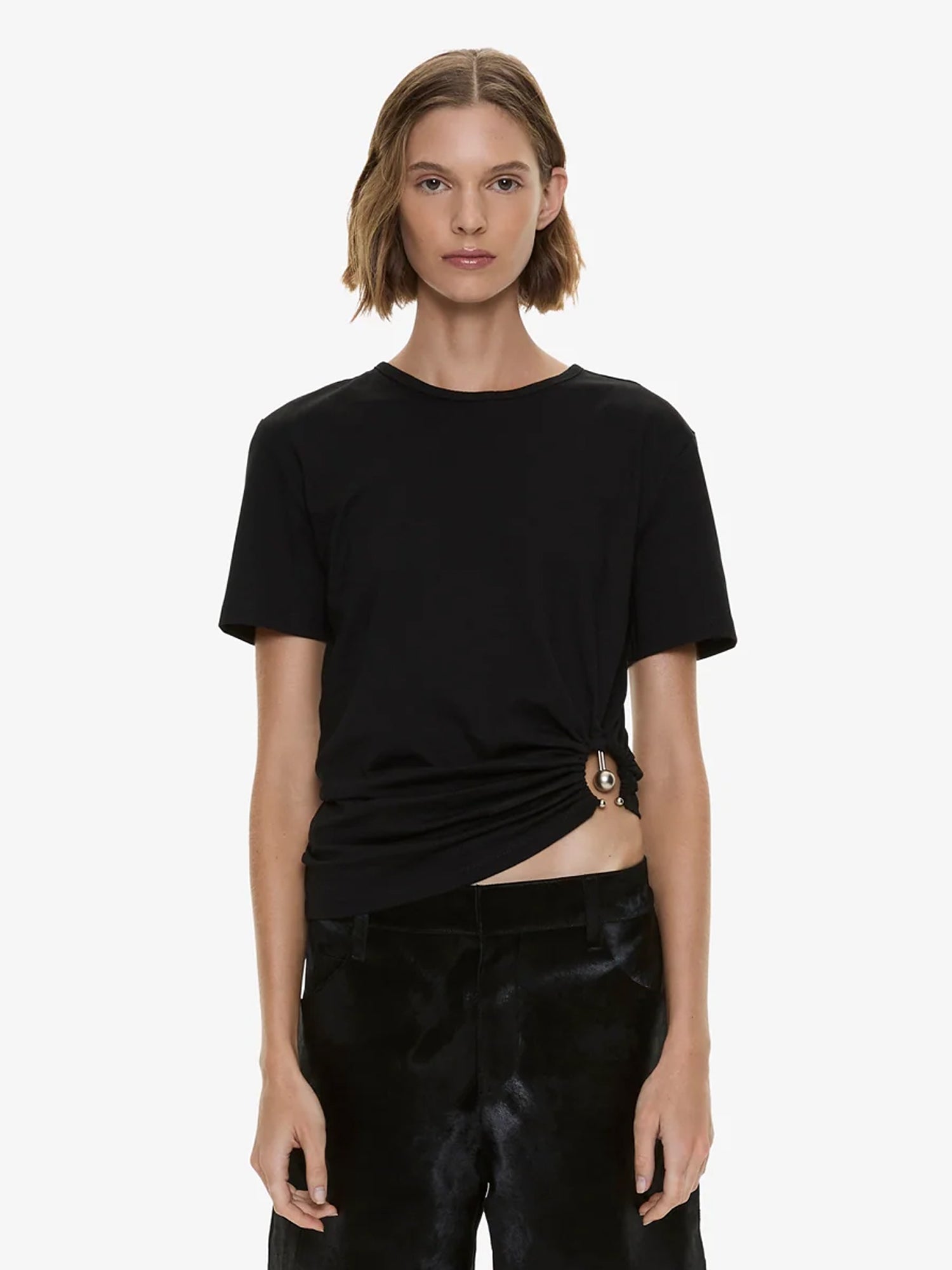 Image of a model wearing Tops. Productname: Christopher Esber Orbit Tee in Black colour by brand - Christopher Esber