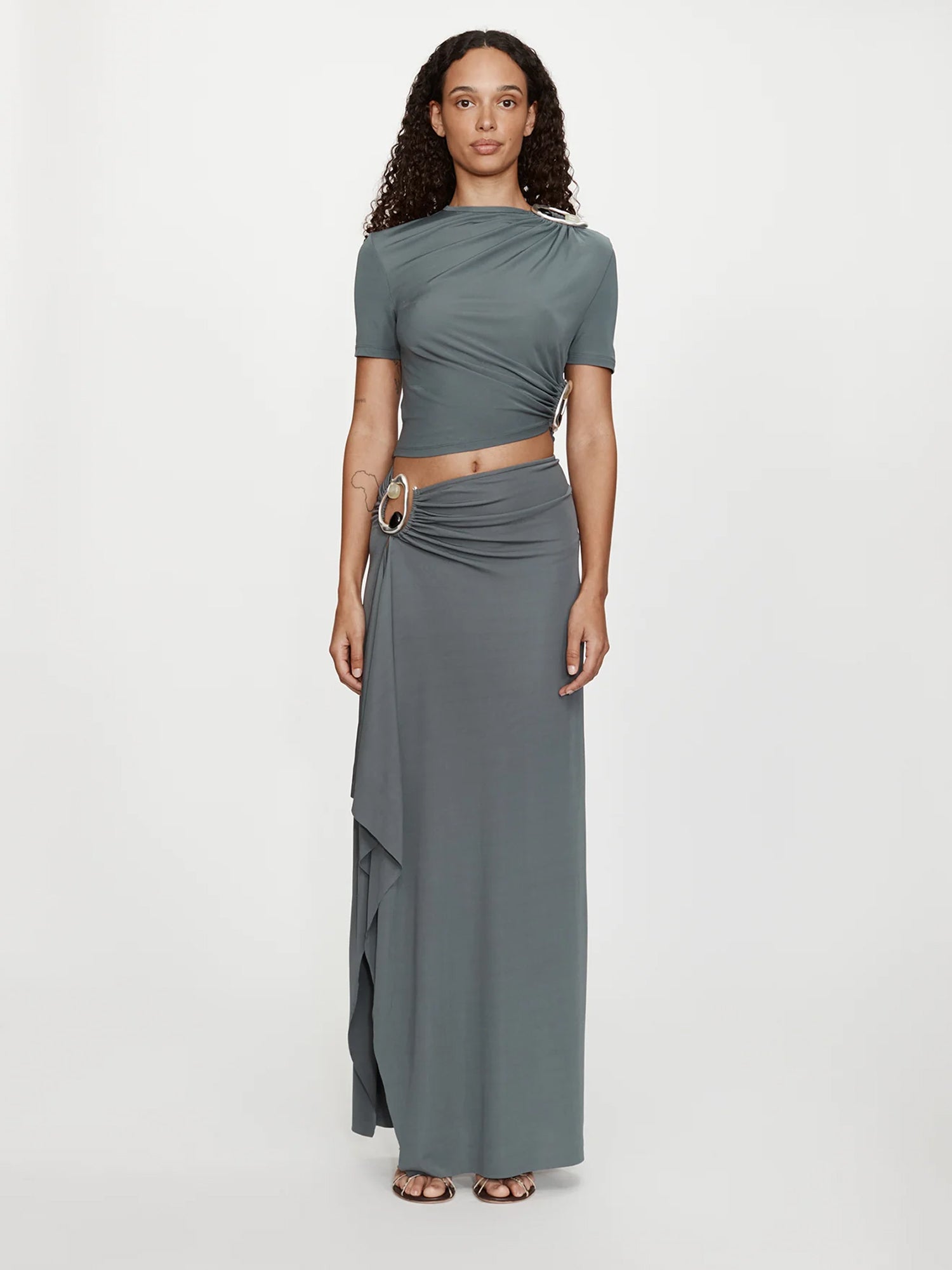 Image of a model wearing Skirts. Productname: CHRISTOPHER ESBER Orica Crystal Cascade Jersey Skirt in Granite colour by brand - CHRISTOPHER ESBER