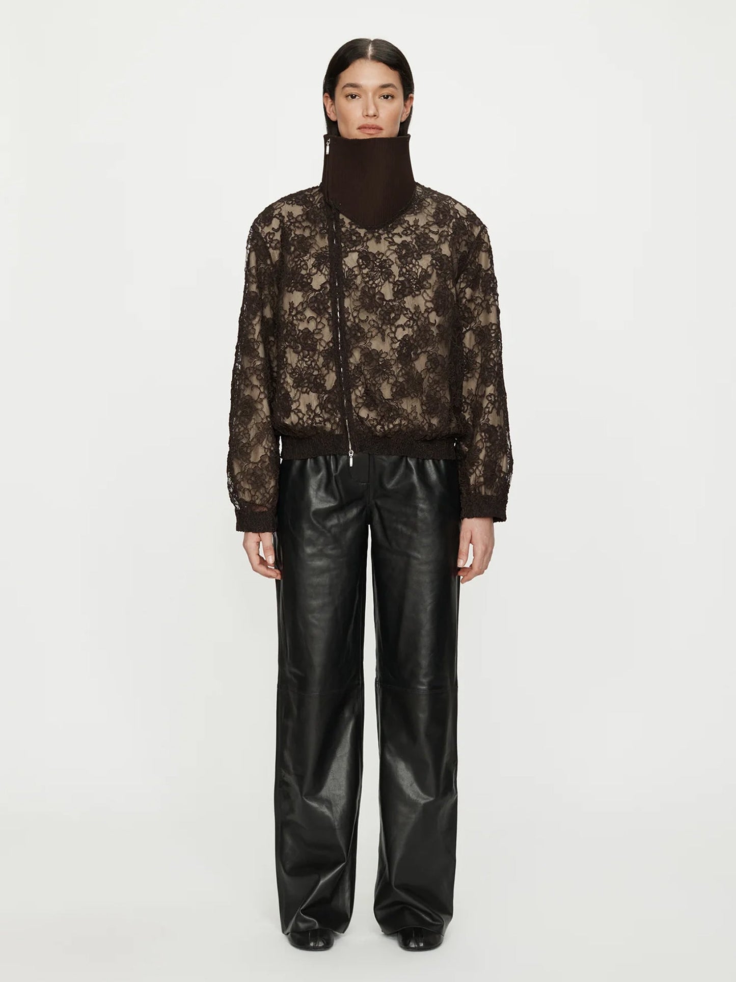 Image of a model wearing Outerwear. Productname: CHRISTOPHER ESBER Mahara Lace Bomber Jacket in Umber colour by brand - CHRISTOPHER ESBER