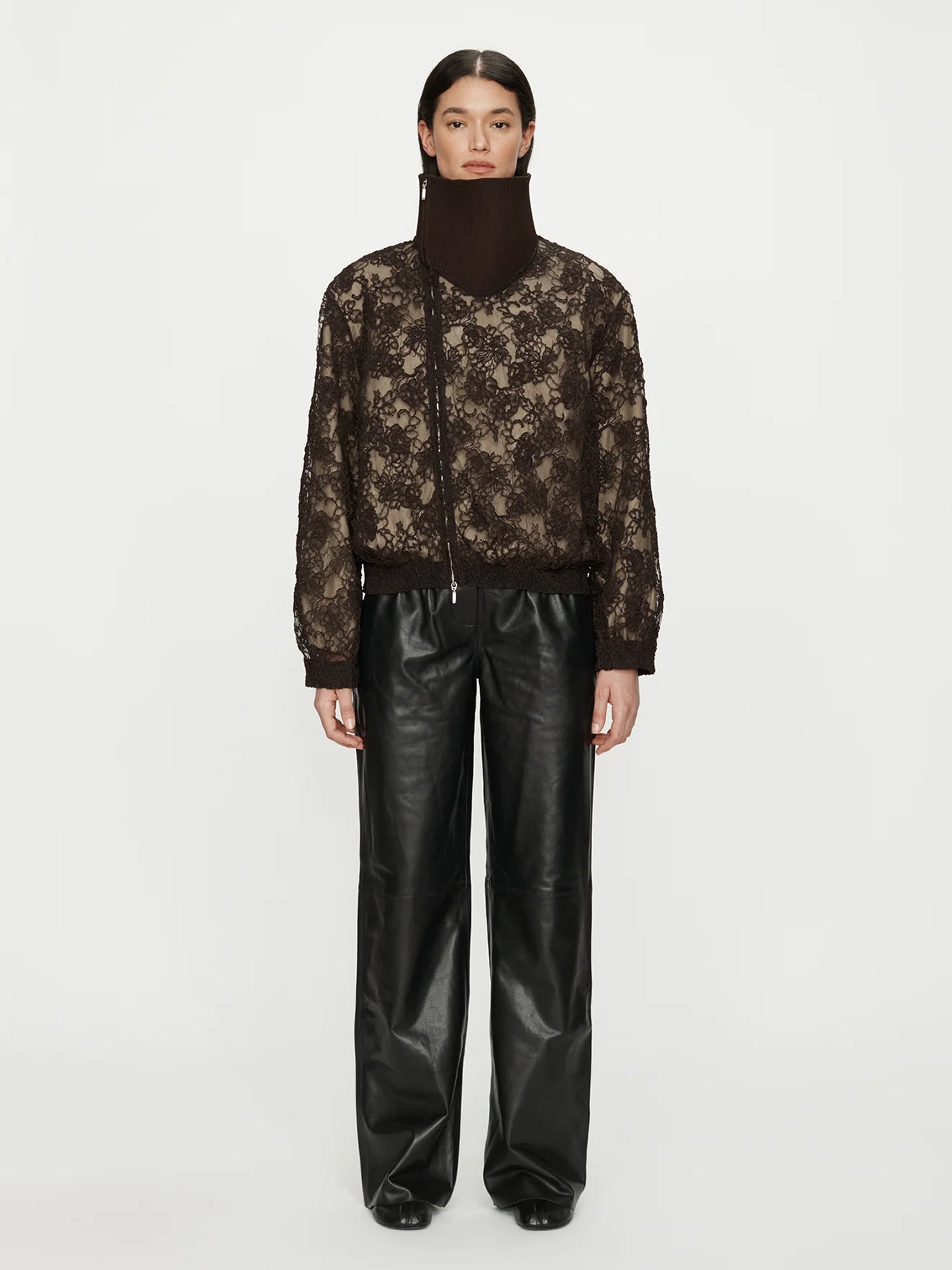 Image of a model wearing Outerwear. Productname: CHRISTOPHER ESBER Mahara Lace Bomber Jacket in Umber colour by brand - CHRISTOPHER ESBER