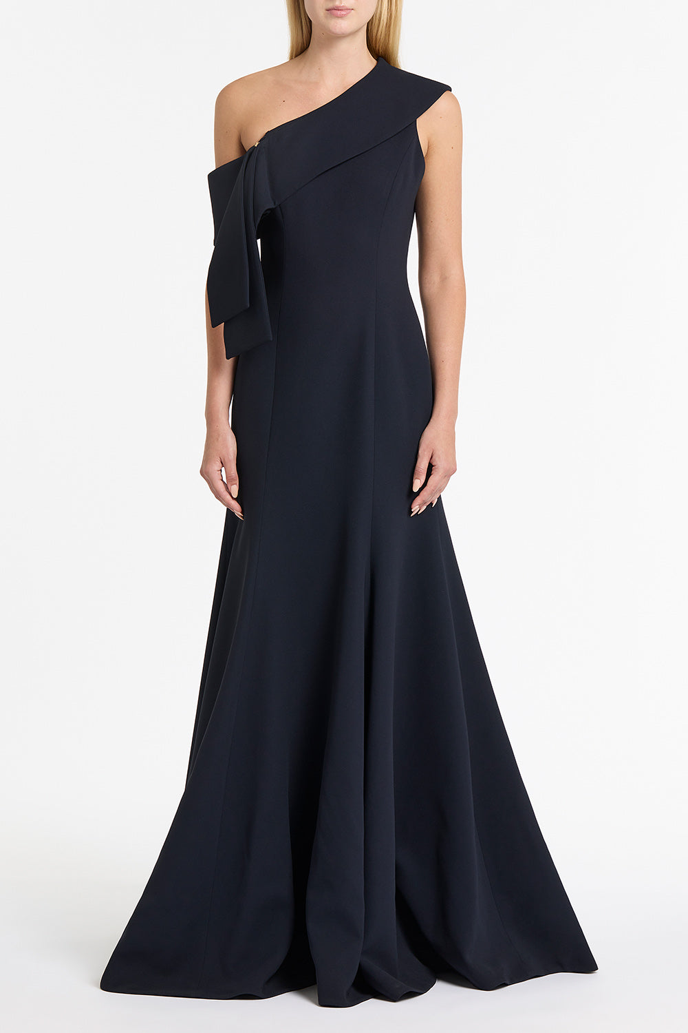 Image of Dresses. Product name - Ink Crepe Fascia Asymmetrical Gown in Cream colour by brand - Carla Zampatti
