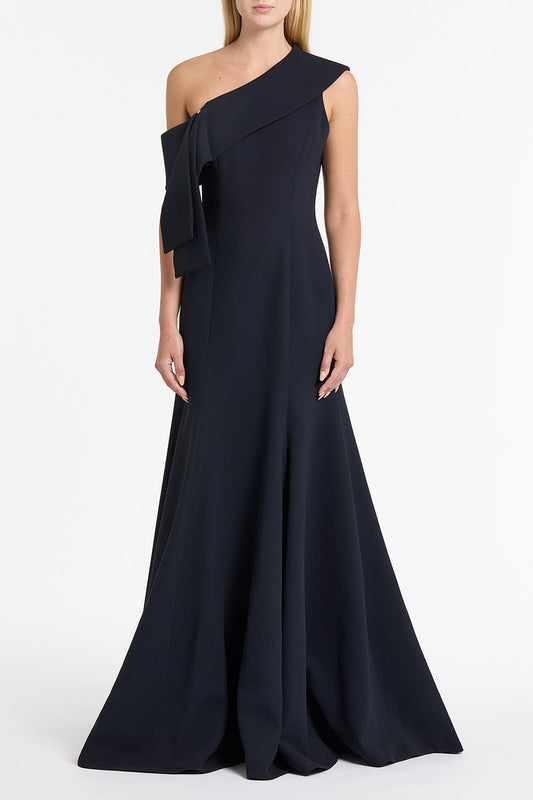 Image of Dresses. Product name - Ink Crepe Fascia Asymmetrical Gown in Cream colour by brand - Carla Zampatti