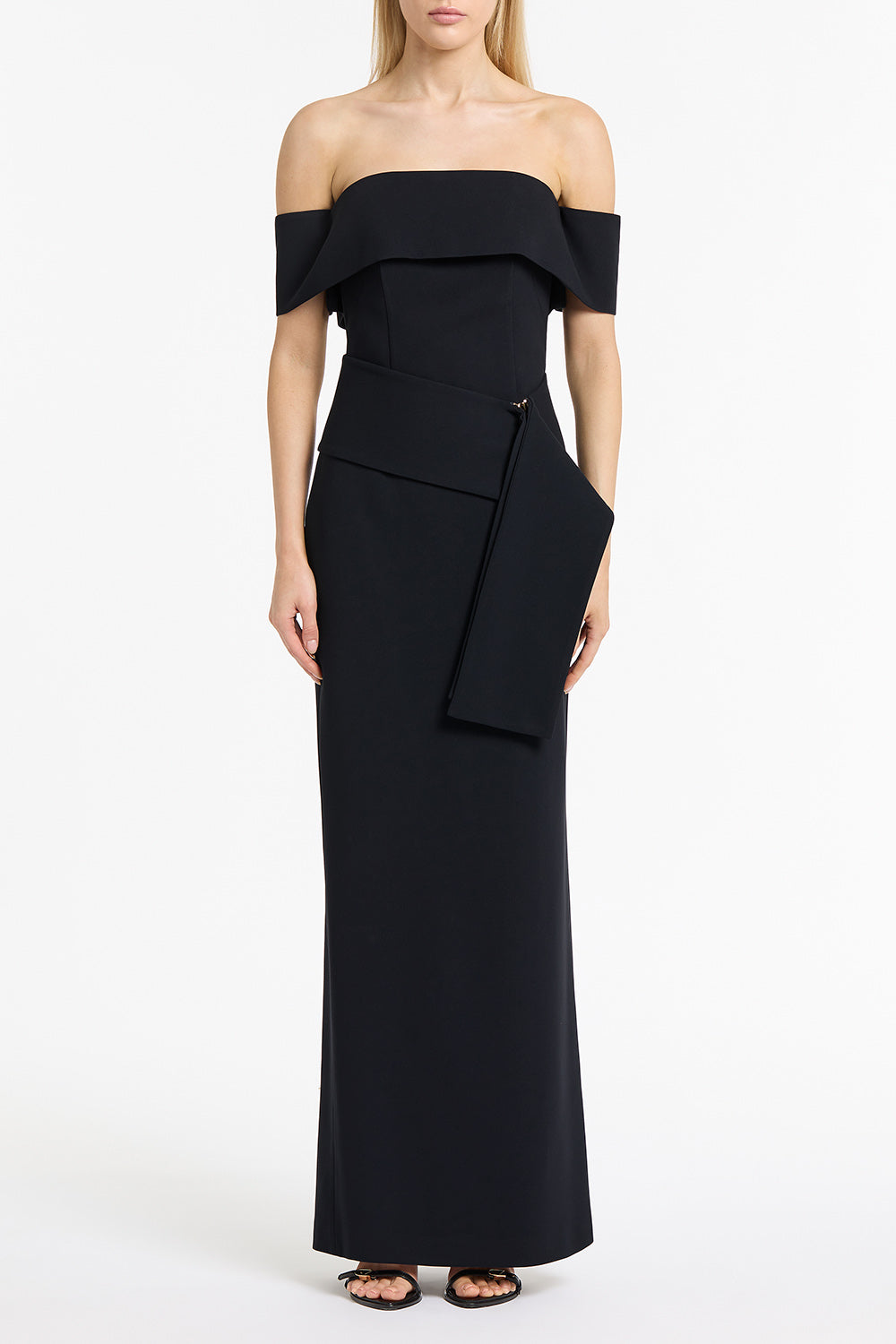Image of Dresses. Product name - Ink Crepe La Banda Off Shoulder Gown in Cream colour by brand - Carla Zampatti