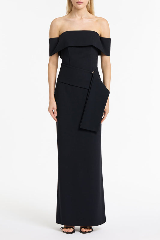 Image of Dresses. Product name - Ink Crepe La Banda Off Shoulder Gown in Cream colour by brand - Carla Zampatti