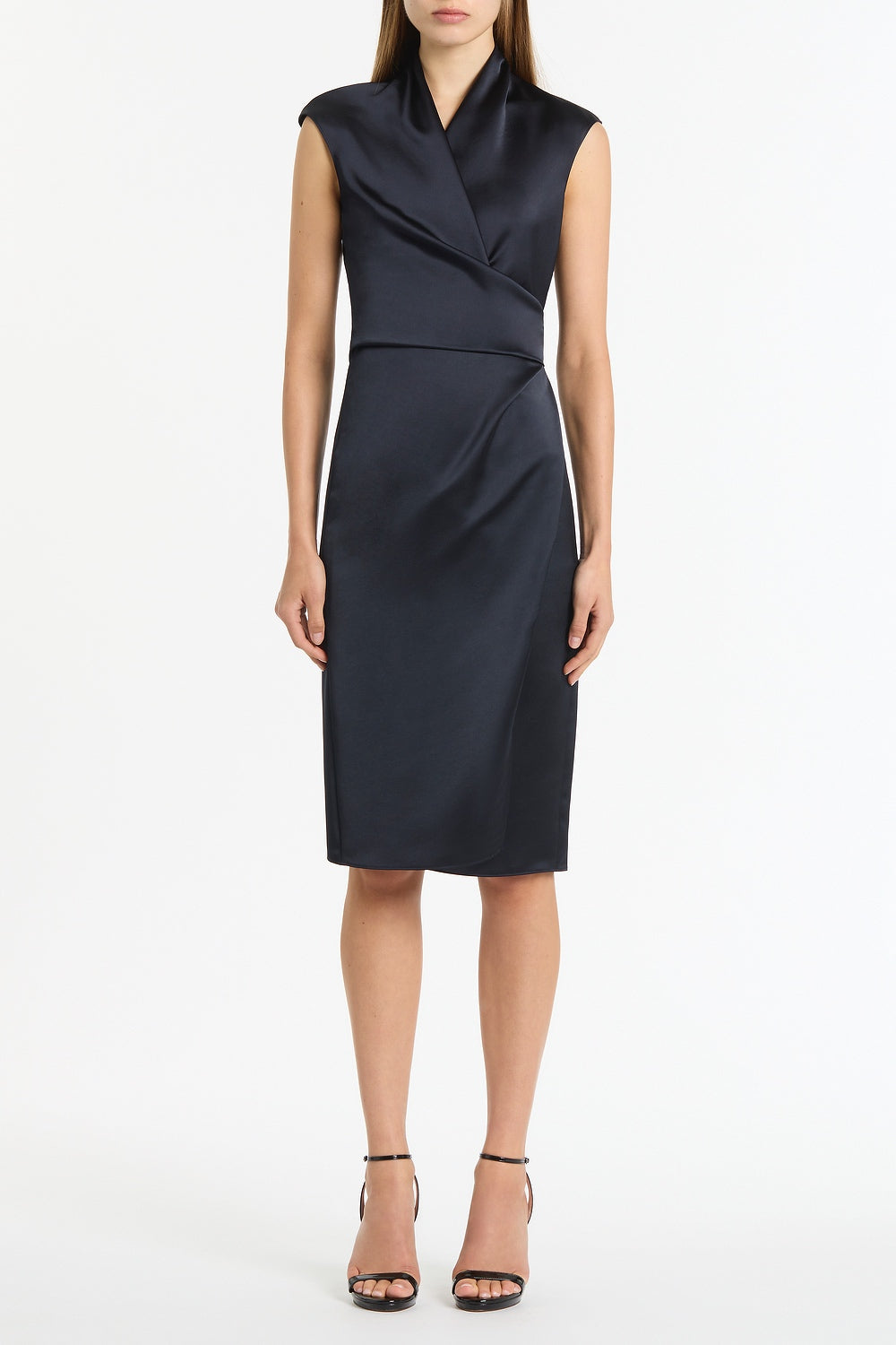 Image of Dresses. Product name - Ink Satin Wrap Dress in Navy colour by brand - Carla Zampatti