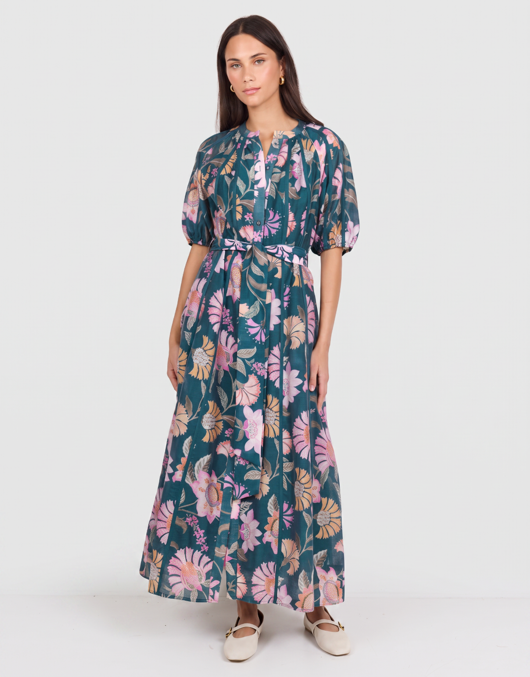 Image of Dresses. Product name - Intuition Scarf Print Puff Sleeve Maxi Shirt Dress Petrol in Petrol colour by brand - By Rosa
