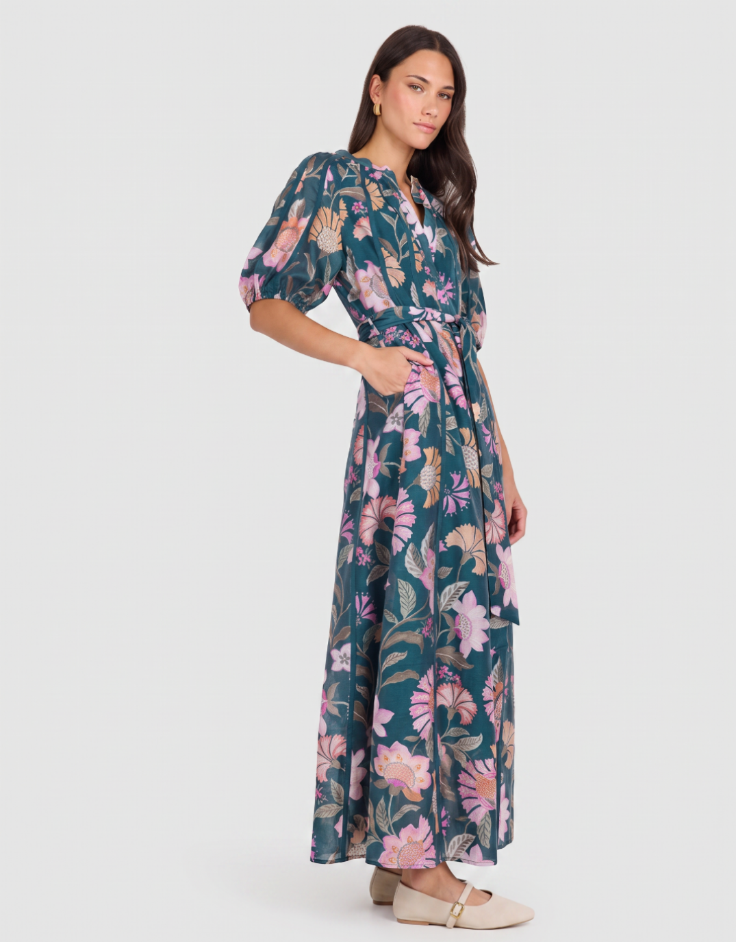 By Rosa Intuition Scarf Print Puff Sleeve Maxi Shirt Dress (Petrol)