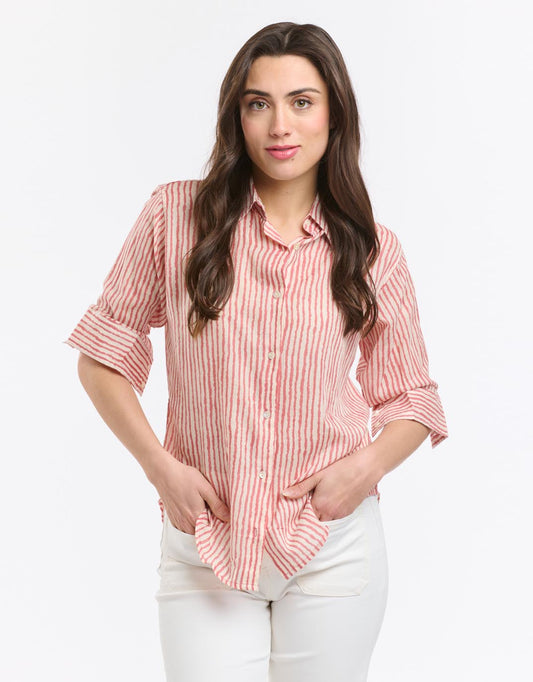 Image of a model wearing Tops. Productname: Collins Shirt - in Red Stripe colour by brand - Italian Star