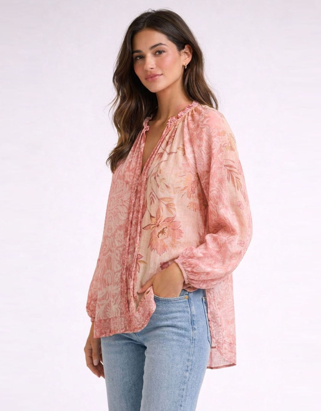 Image of a model wearing Tops. Productname: Emily Ruffle Shirt - in Blush Print colour by brand - Italian Star