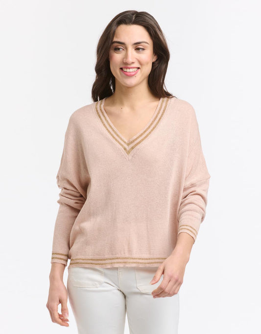 Image of a model wearing Outerwear. Product name - Lurex College Knit Cipria Pink in Cipria Pink colour by brand - Italian Star