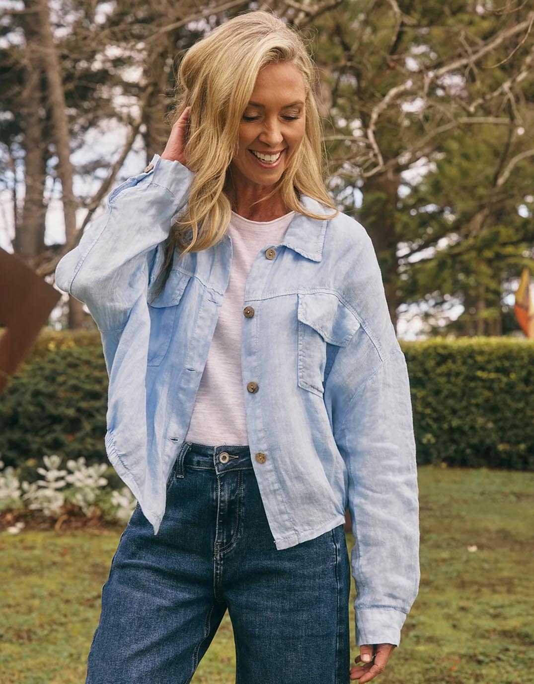 Image of a model wearing Outerwear. Product name - Weekender Jacket Soft Blue in Soft Blue colour by brand - Italian Star